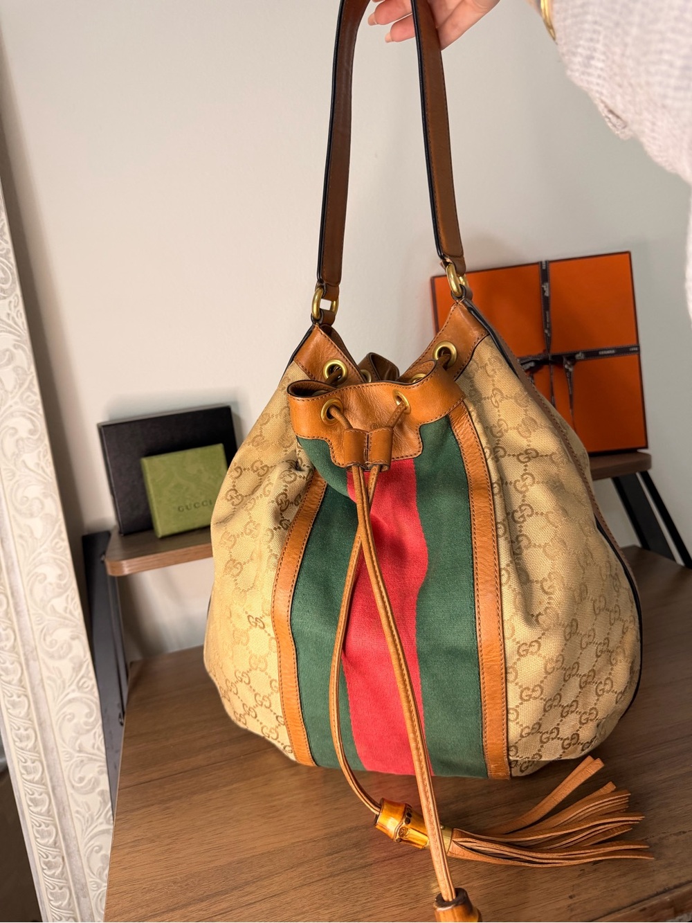 AUTHENTIC - Gucci Supreme Canvas Drawstring Bucket Bag with Bamboo Tassels
